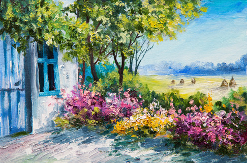 油画风景-花园附近的房子，五颜六色的鲜花，夏季森林
