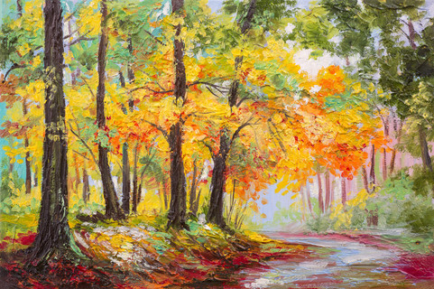 油画风景-丰富多彩秋天的树林
