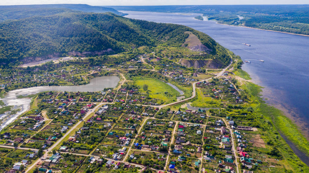 Aerial view from the drone of the village on the background of