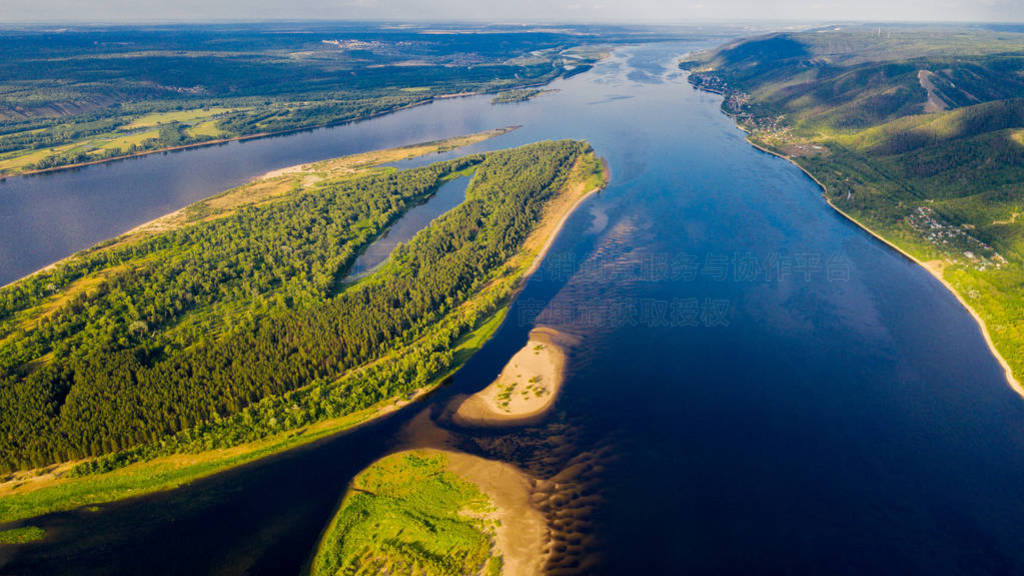 Aerial view from the drone of landscape Volga river flows among