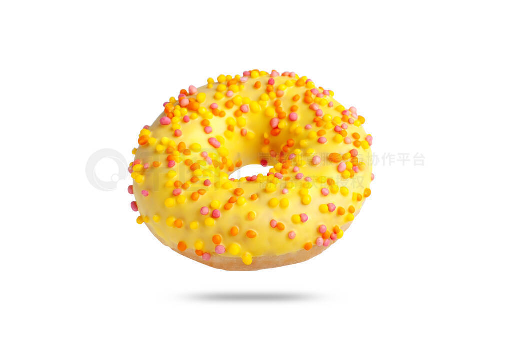 yellow glazed donut with colored splashes. isolated on white ba