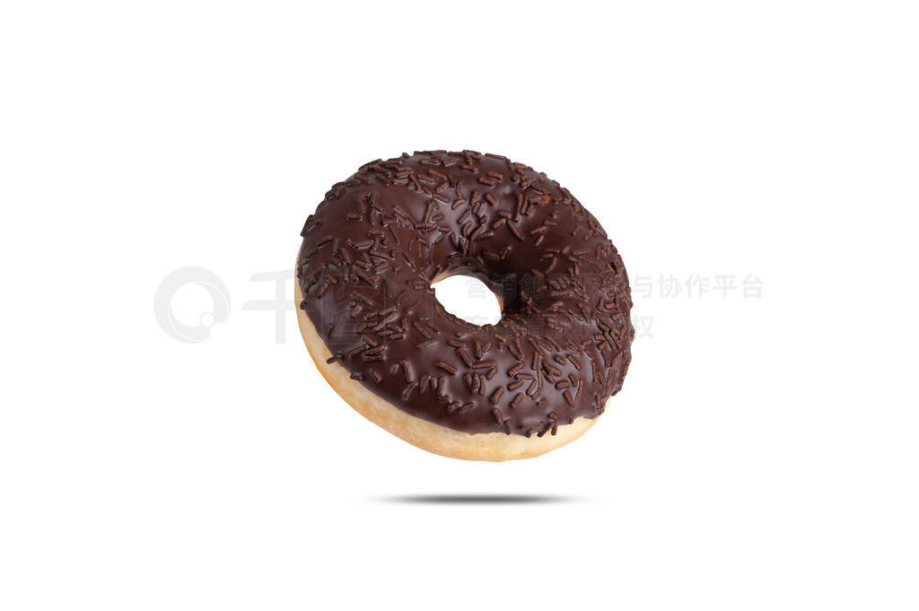 fresh donut with chocolate icing and chocolate powder isolated