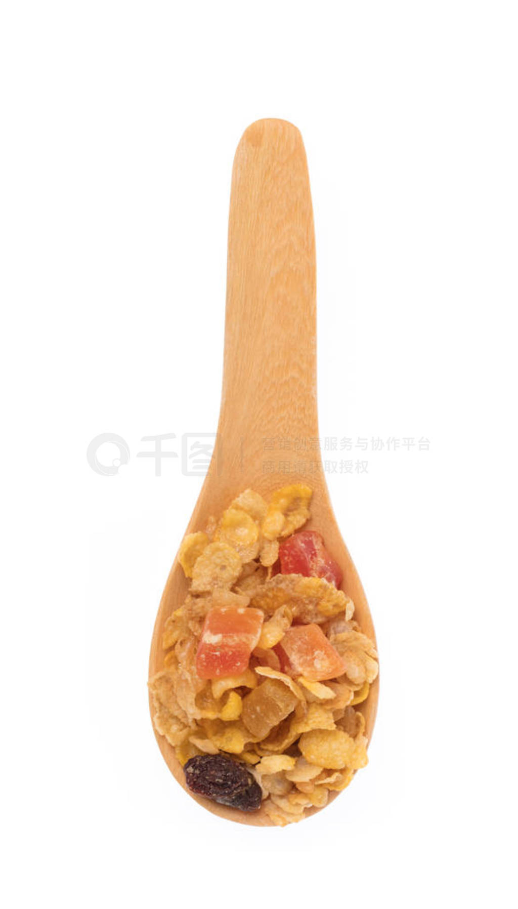 Cereal in wood ladle isolated on white background.