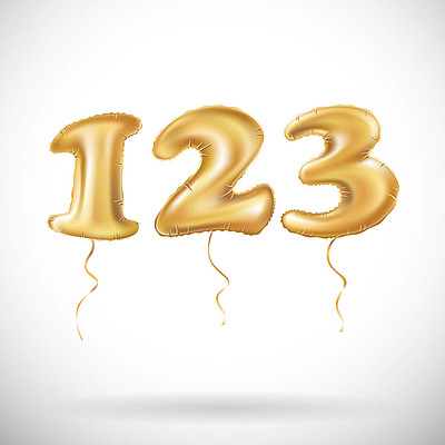 一个两个充气气球隔离在白色背景上的三个金色数字123 氦气球矢量