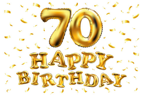 矢量生日快乐第七十庆祝金气球和金色五彩纸屑闪闪发光3d