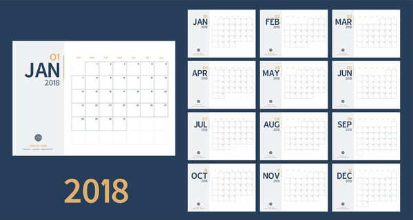 向量的 2018年新年日历在清洁的最小表简单样式和蓝色和黄色的颜色，节日活动策划人，周开始周日，A5 大小