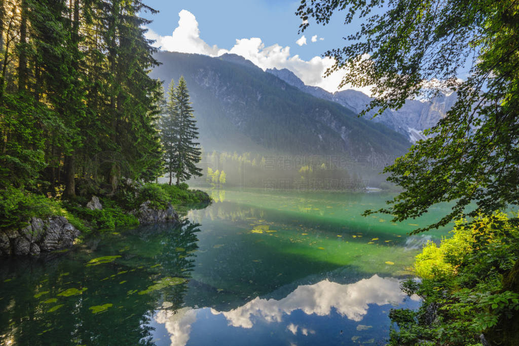 panorama of the Laghi di Fusine alpine lake in the Julian Alps