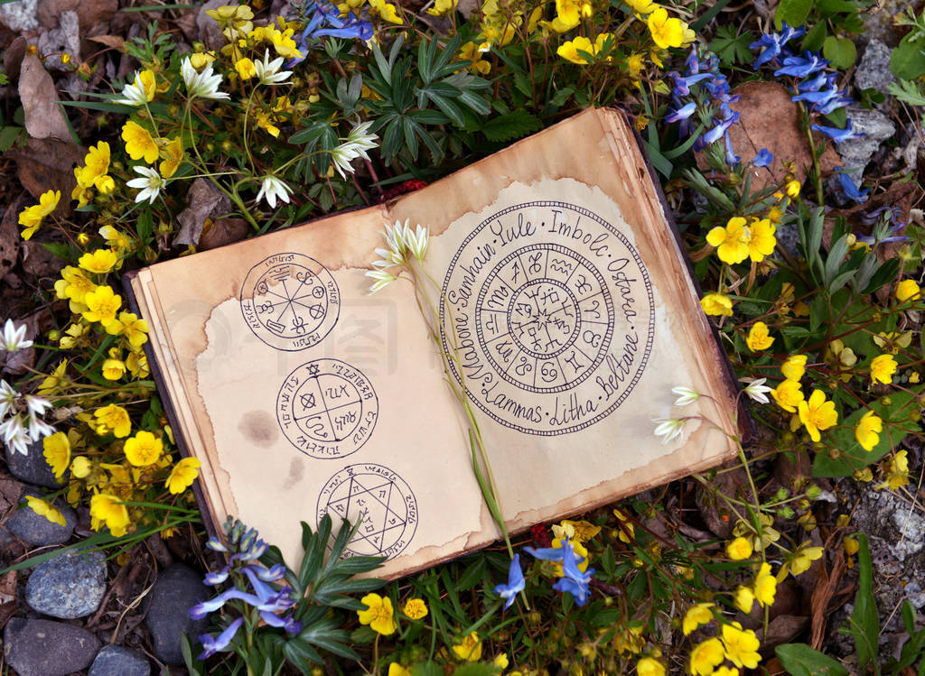 Open book with wiccan festivals chart among spring flowers.