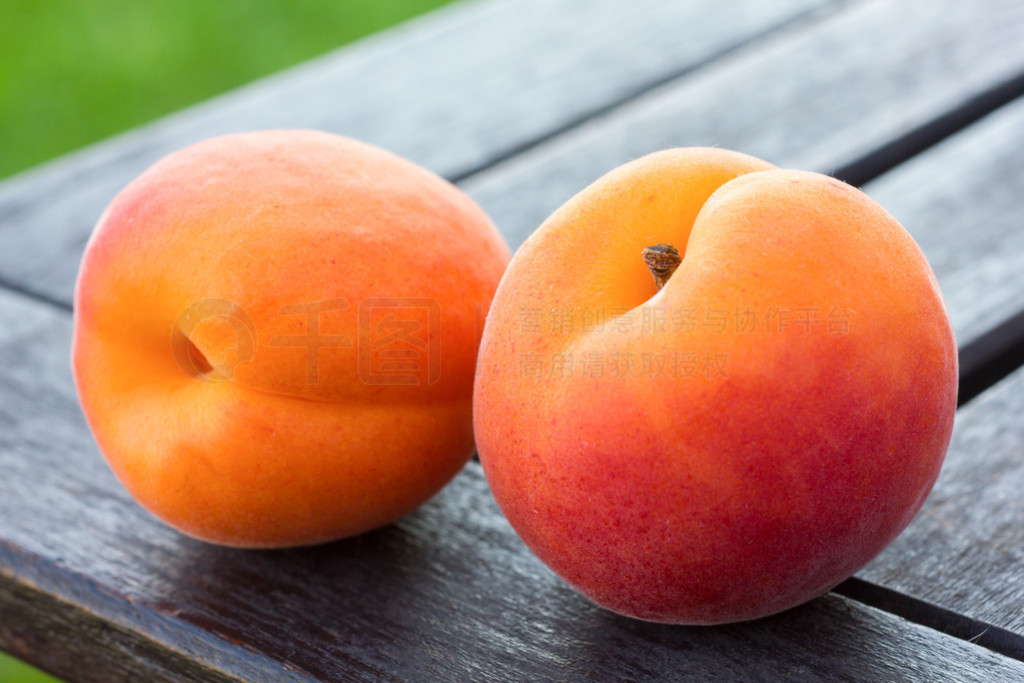 vackra mogna aprikoser ordnat p? ett bord med ur fokus gr?s bako