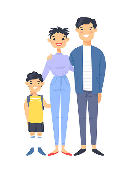 手绘亚洲女人,男人和男孩平面样式矢量插图家庭