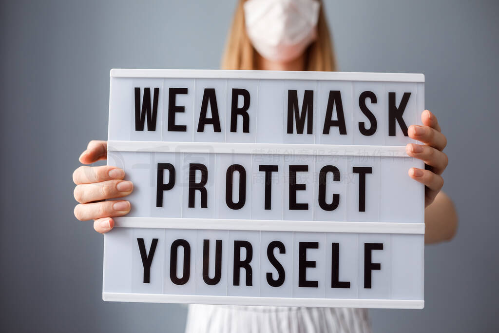 Plate with motivation inscription wear mask protect yourself. Cl