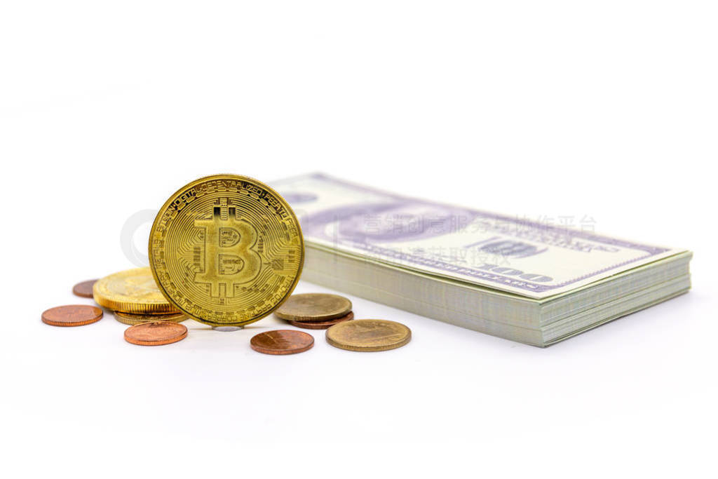 Bitcoin and Dollar on white background.