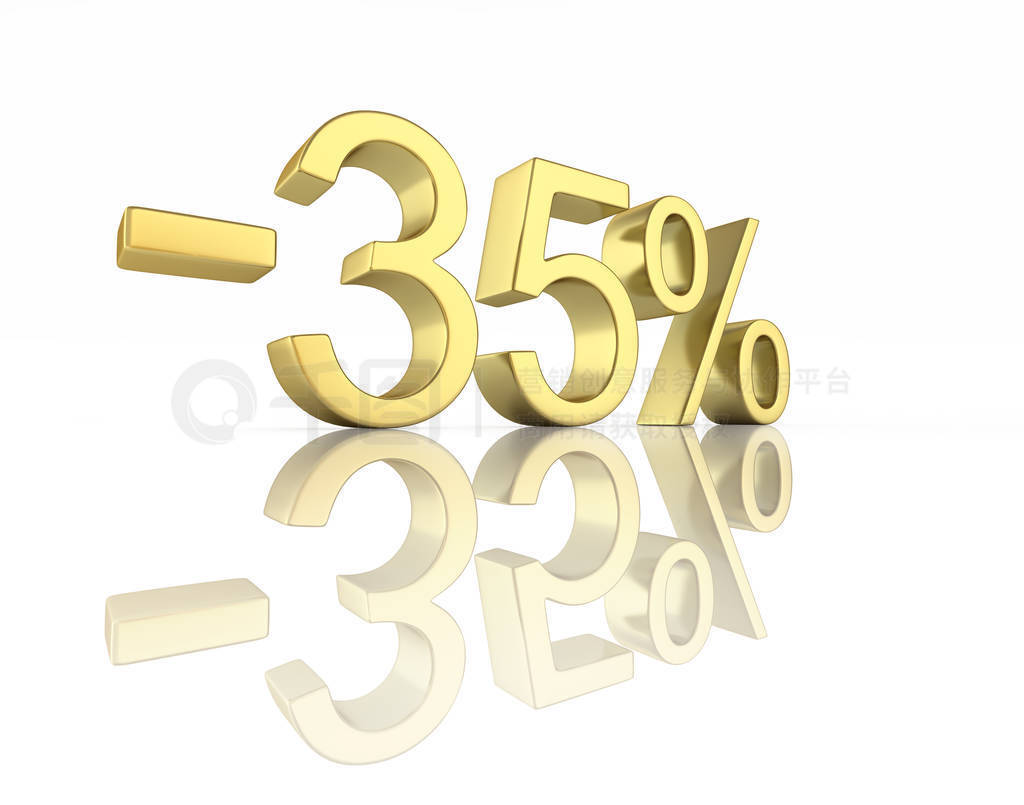 Gold text 35 percent off on white background with reflection 3D
