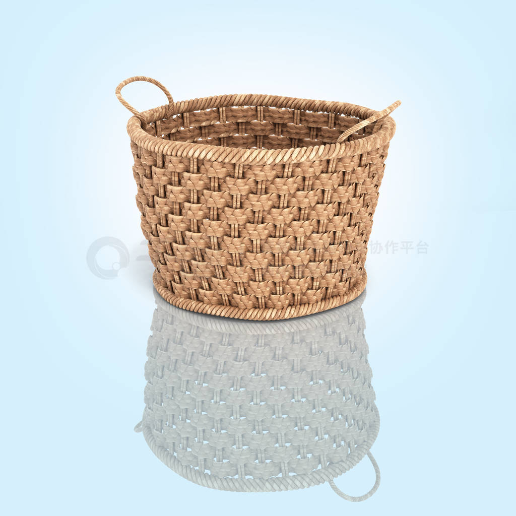 Empty wicker basket on blue gradient background with reflection