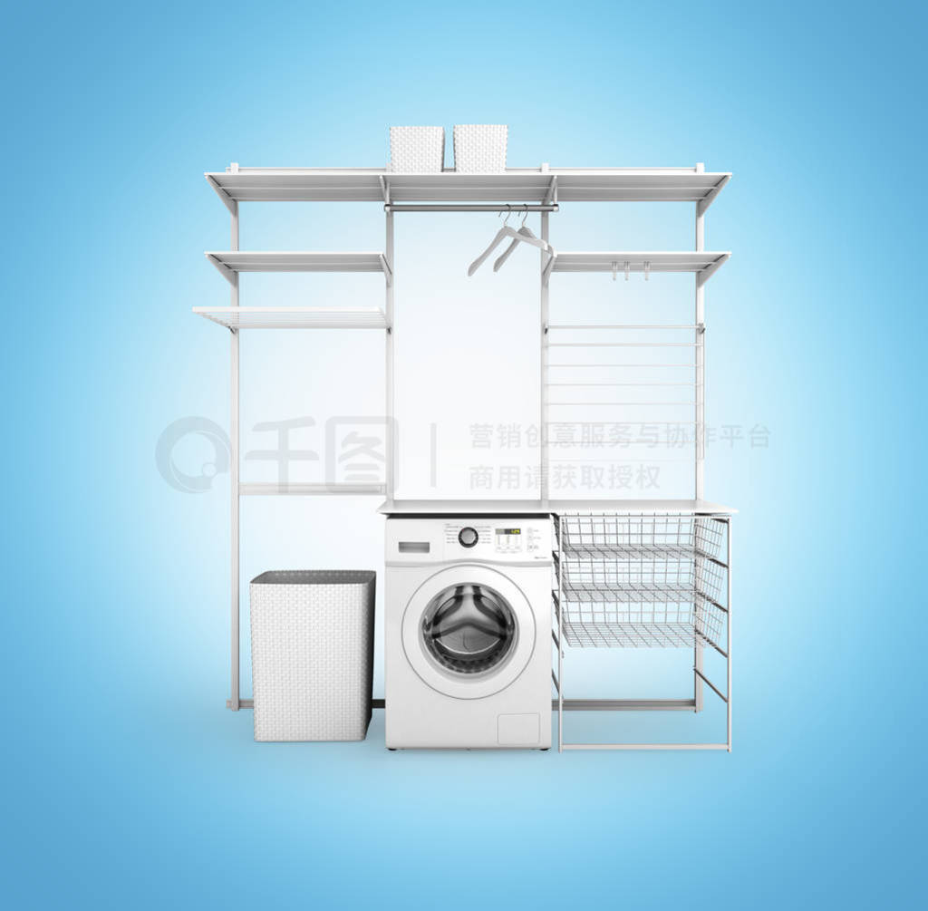 interior of home laundry with washing machine and empty shelves