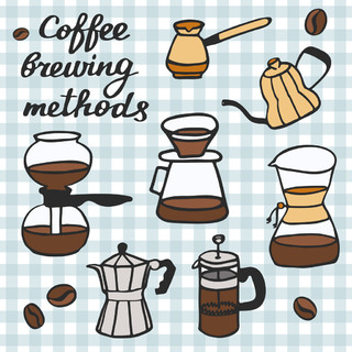 咖啡冲泡方法设定。 手绘卡通咖啡机。 做某事