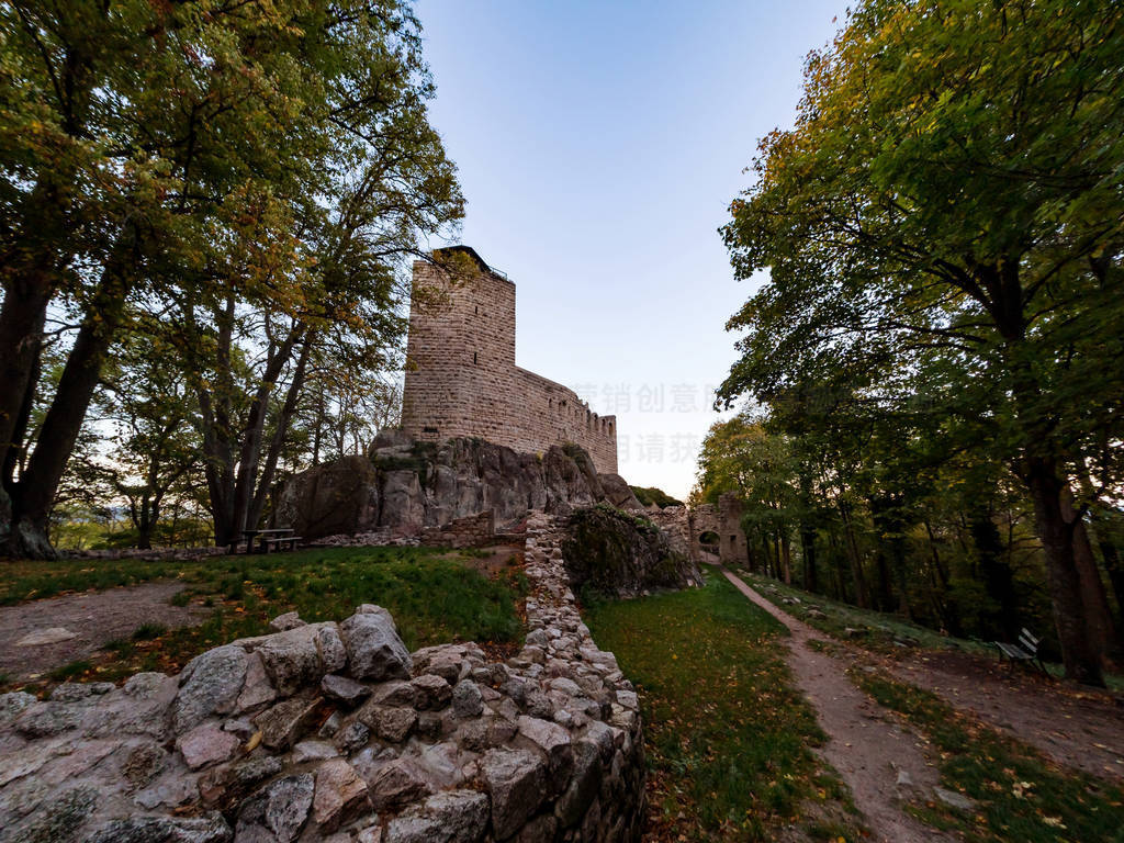 Old medieval hilltop castle Bernstein in Alsace. The ruins of a