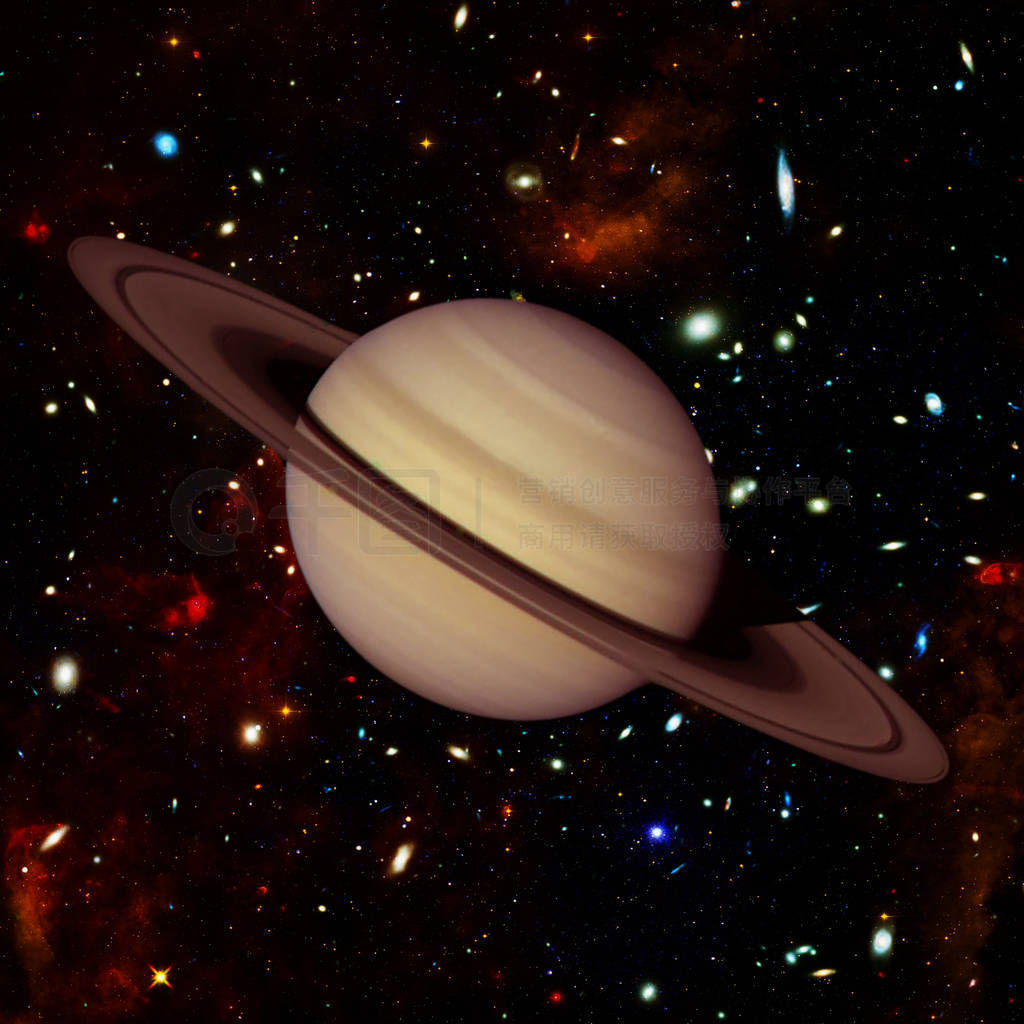 Planet Saturn, with space background. Galaxies and stars on the