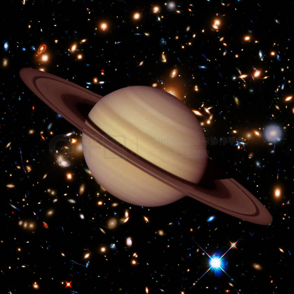 Planet Saturn, with space background. Galaxies and stars on the