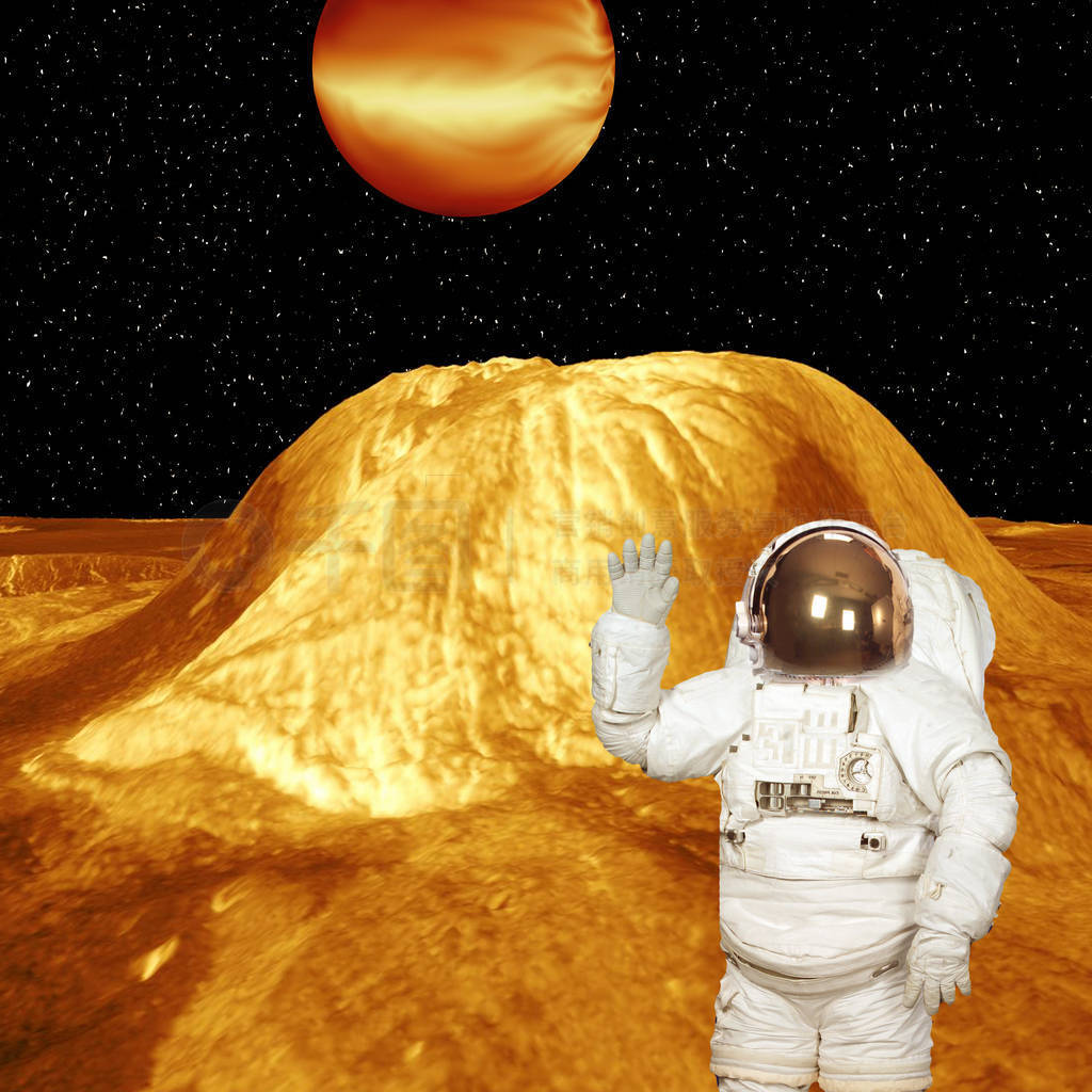 Astronaut posing on the strange extrasolar planet. The elements