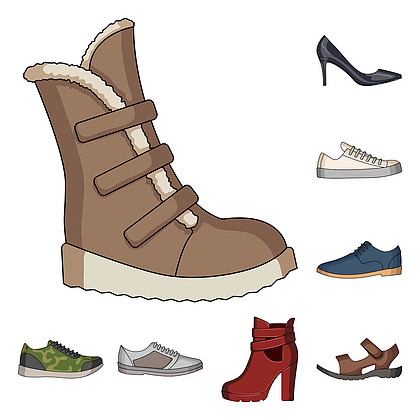 不同的鞋子卡通图标集为设计收藏男性和女性鞋矢量符号股票网页插图