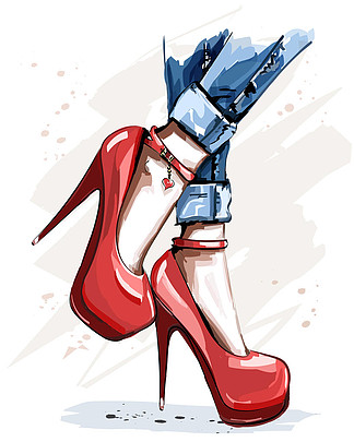 手画漂亮的红鞋高跟鞋时尚饰品时尚女装鞋素描