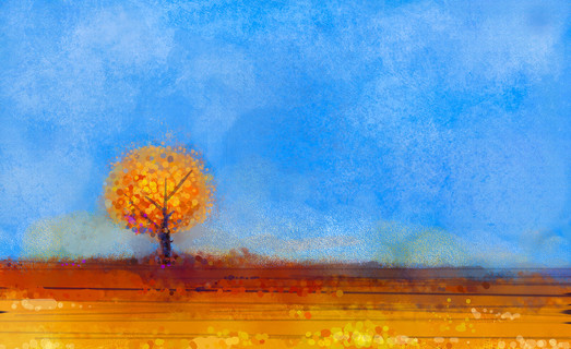 抽象风景, 树和字段的油画黄色, 橙色, 红色和蓝蓝的天空的下降季节
