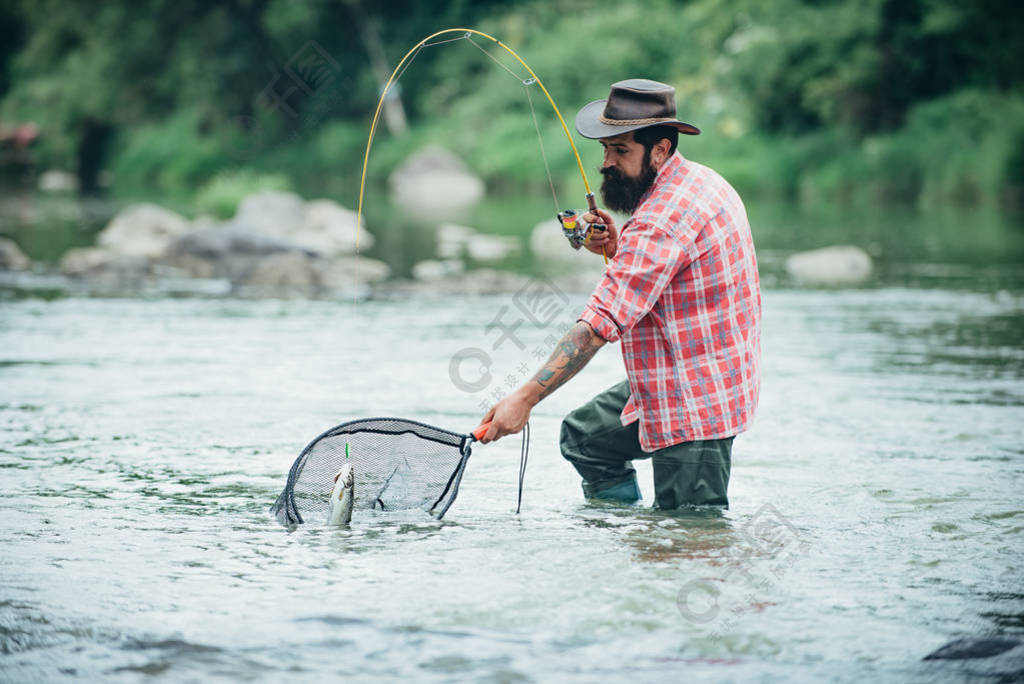 用鱼竿钓大鱼。褐鳟鱼。鱼钩上的鱼。在河里钓鱼。飞钓鳟鱼。钢头虹鳟