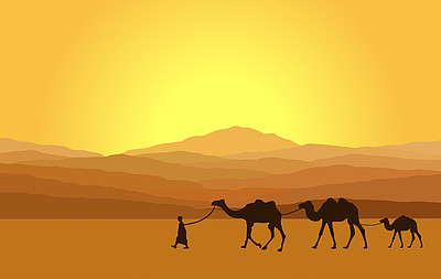 牵着骆驼在沙漠中与 i