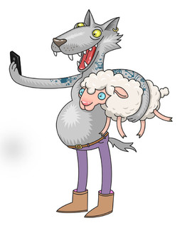 狼抓了一只羊, 用智能手机做了一自拍照片白色背景上的滑稽卡通人物