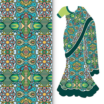 装饰风格化印度纱丽女性民族服饰与无缝装饰图案