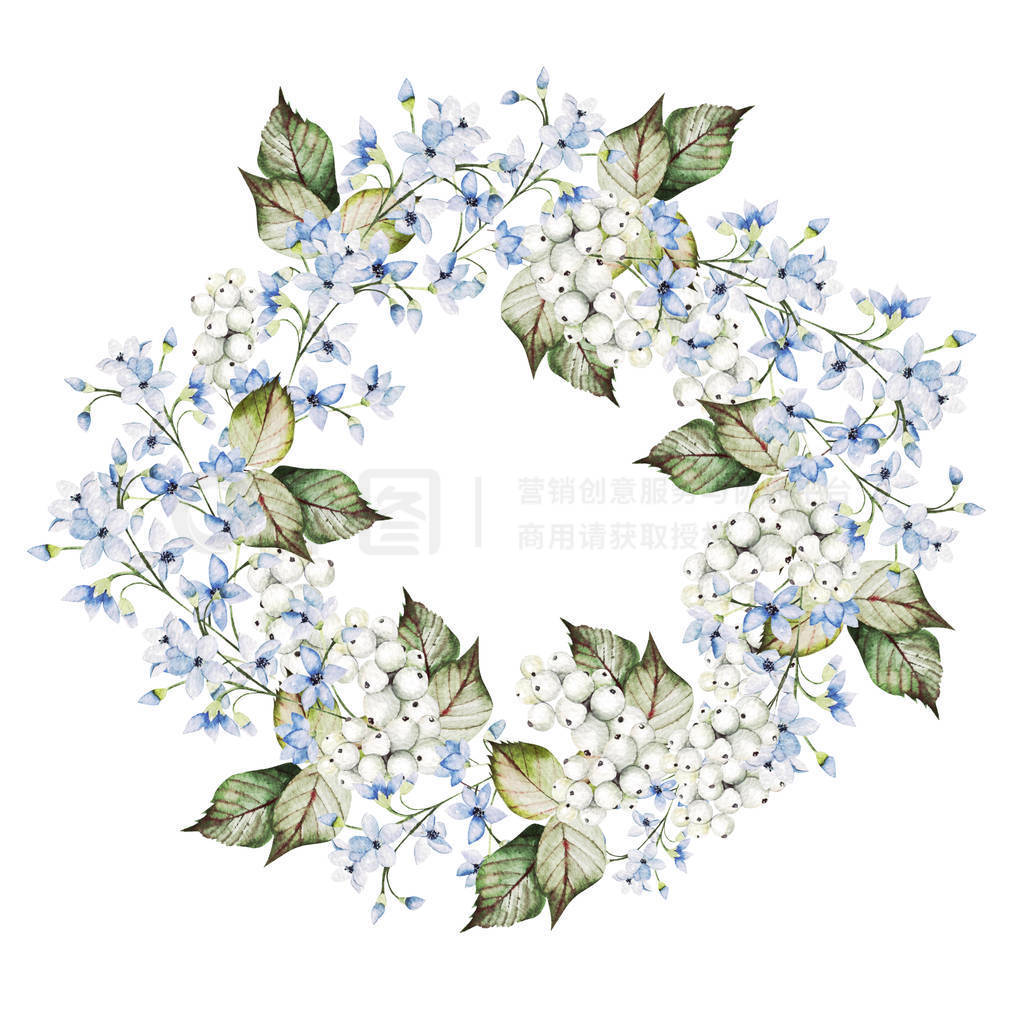 Beautiful watercolor wedding wreath with forget me not flowers a