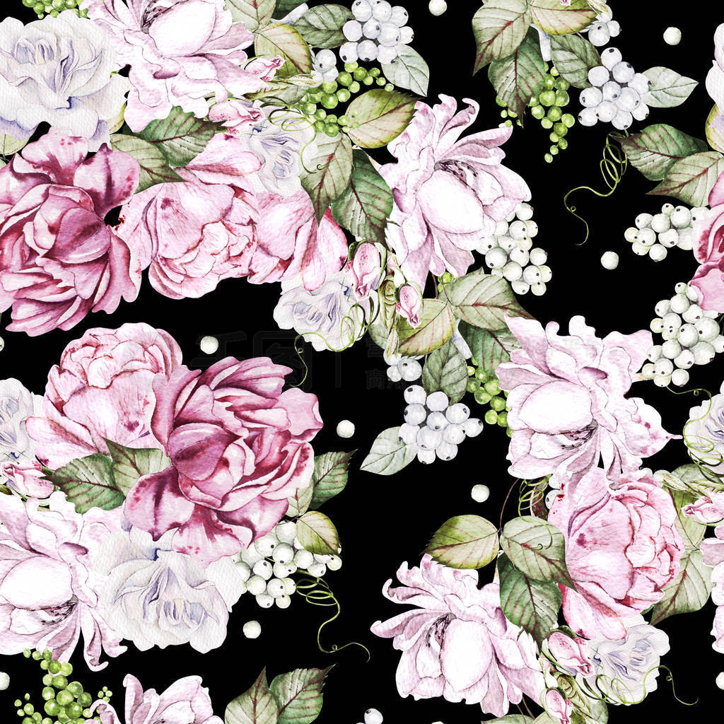 Beautiful watercolor seamless pattern with roses and peony flowe