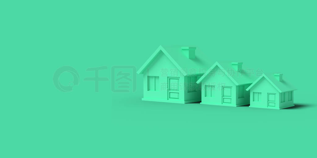 Three Green empty houses on a yellow background abstract image.