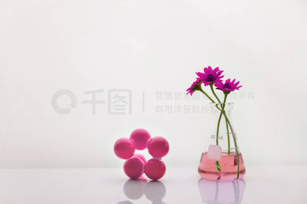 glass flask with pink flower with chemical structure with white