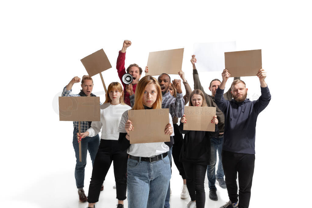 Emotional multicultural group of people screaming while holding