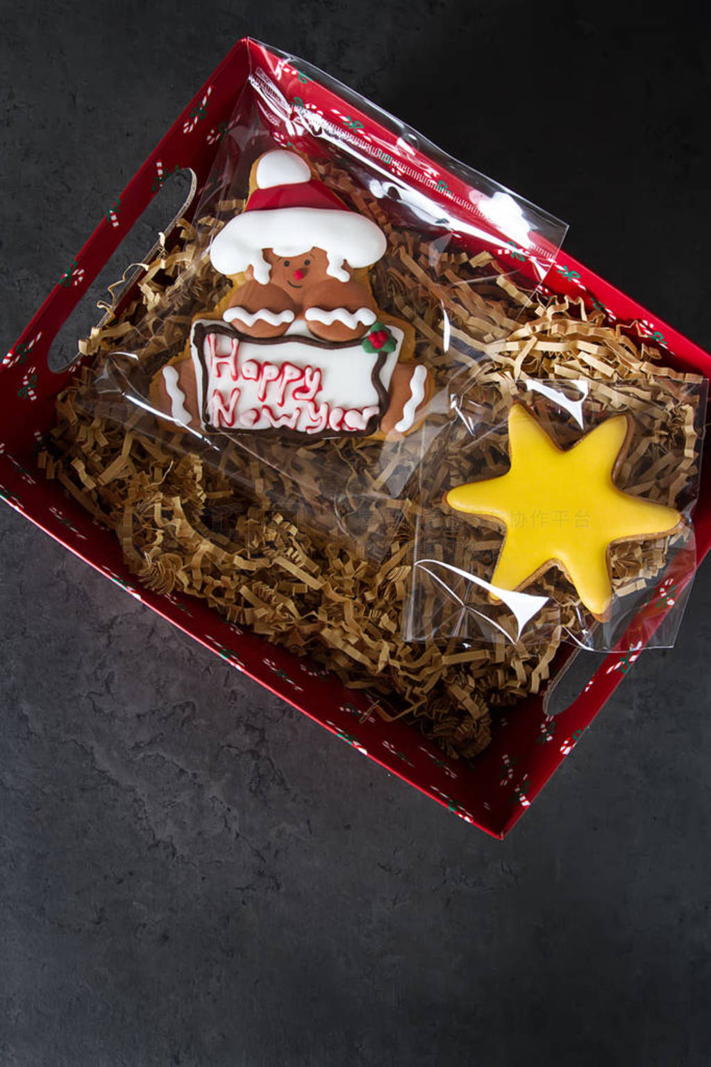 s gingerbread with snow. Christmas holiday. Background.