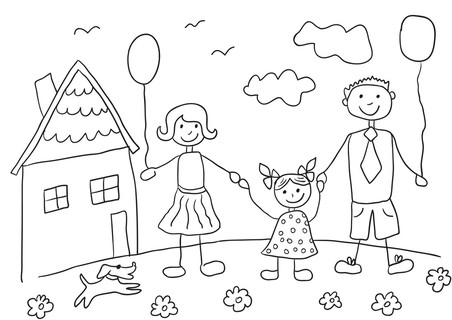 儿童画和狗一起幸福的家庭父亲, 母亲, 女儿和他们的房子