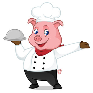 保持食物托盘的厨师猪卡通吉祥物