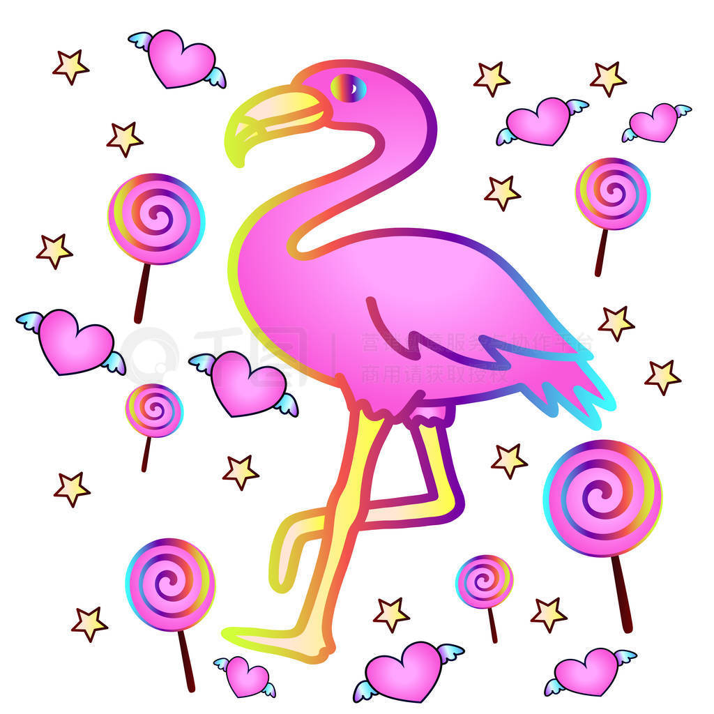 s cartoon background - Pink flamingos, hearts with wings, lollip