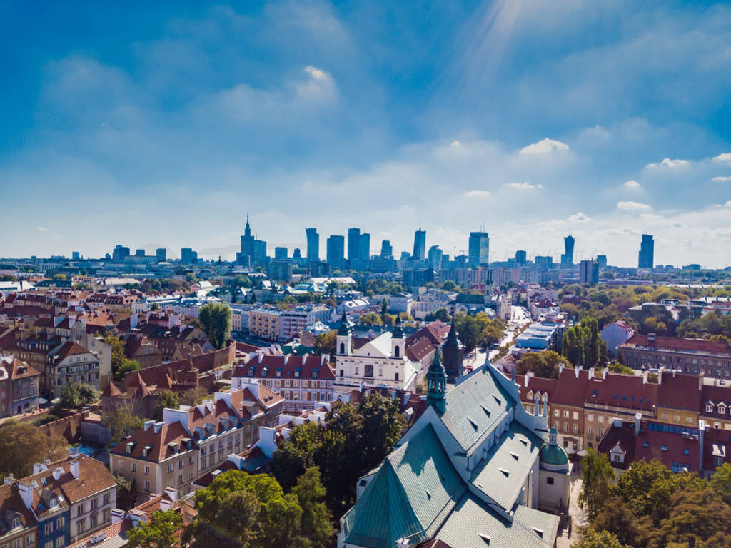 View of Warsaw in a summer day n Poland. Old town and Center of