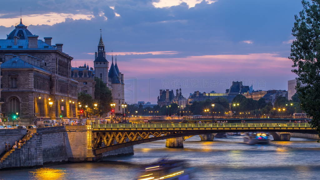 Arcole bridge after sunset, Paris, France, Europe. Colorful sky