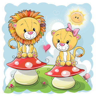 蘑菇上的两只可爱的卡通狮子