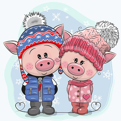可爱的冬天例证与二猪男孩和女孩在帽子和外套