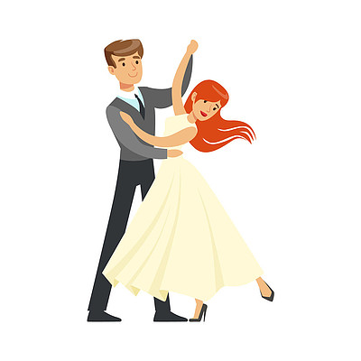 年轻夫妇舞蹈华尔兹的丰富多彩的人物矢量图