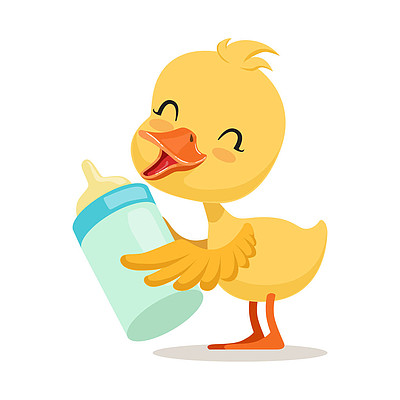 黄色的鸭子小鸡拿着一瓶牛奶,可爱的表情符号字符矢量图