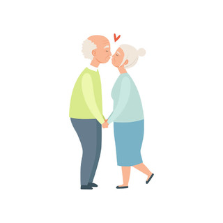 老人和女人接吻和牵手, 老年浪漫情侣在爱情矢量插图白色背景