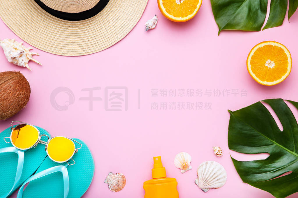 Fashion clothing with seashells, green leafs and fruits on pink