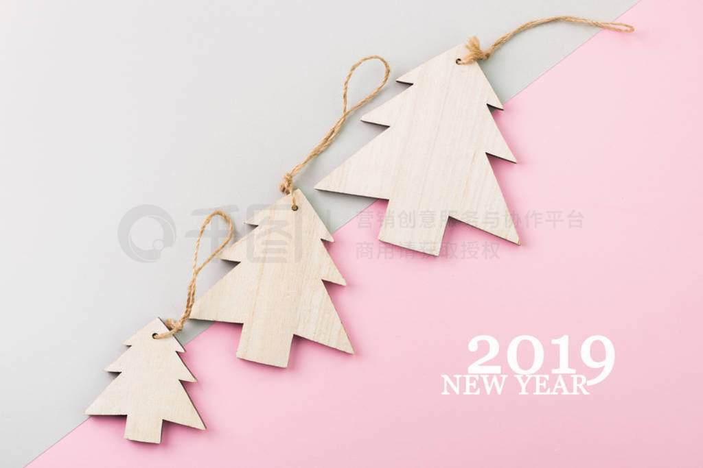 s Day festive decoration, wooden Christmas tree on pink and gray