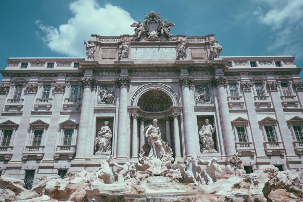 Panoramic view of Trevi Fountain in the Trevi district in Rome,